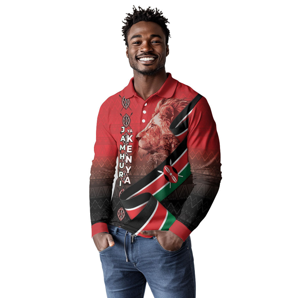 Jamhuri Ya Kenya Long Sleeve Polo Shirt Patriotic Lion With Flag