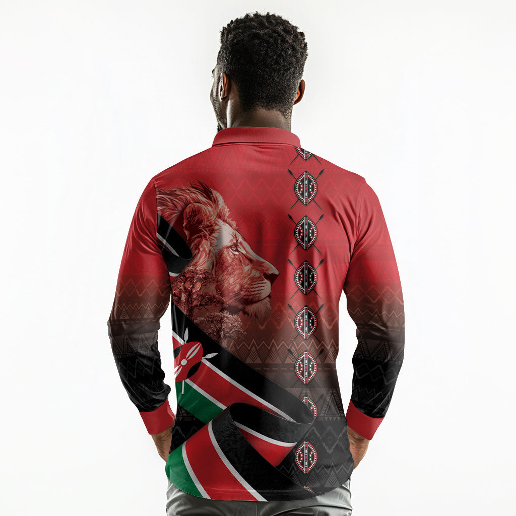 Jamhuri Ya Kenya Long Sleeve Polo Shirt Patriotic Lion With Flag