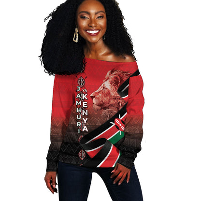 Jamhuri Ya Kenya Off Shoulder Sweater Patriotic Lion With Flag