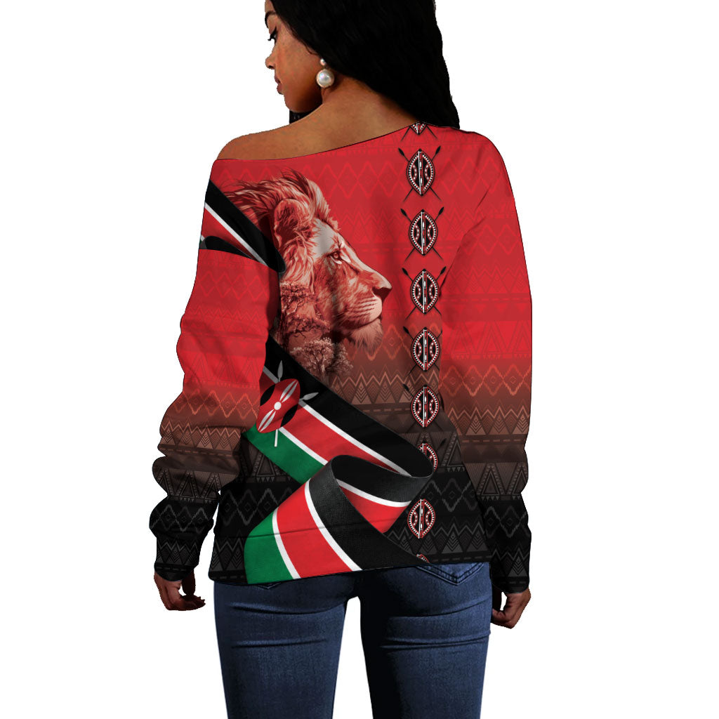 Jamhuri Ya Kenya Off Shoulder Sweater Patriotic Lion With Flag