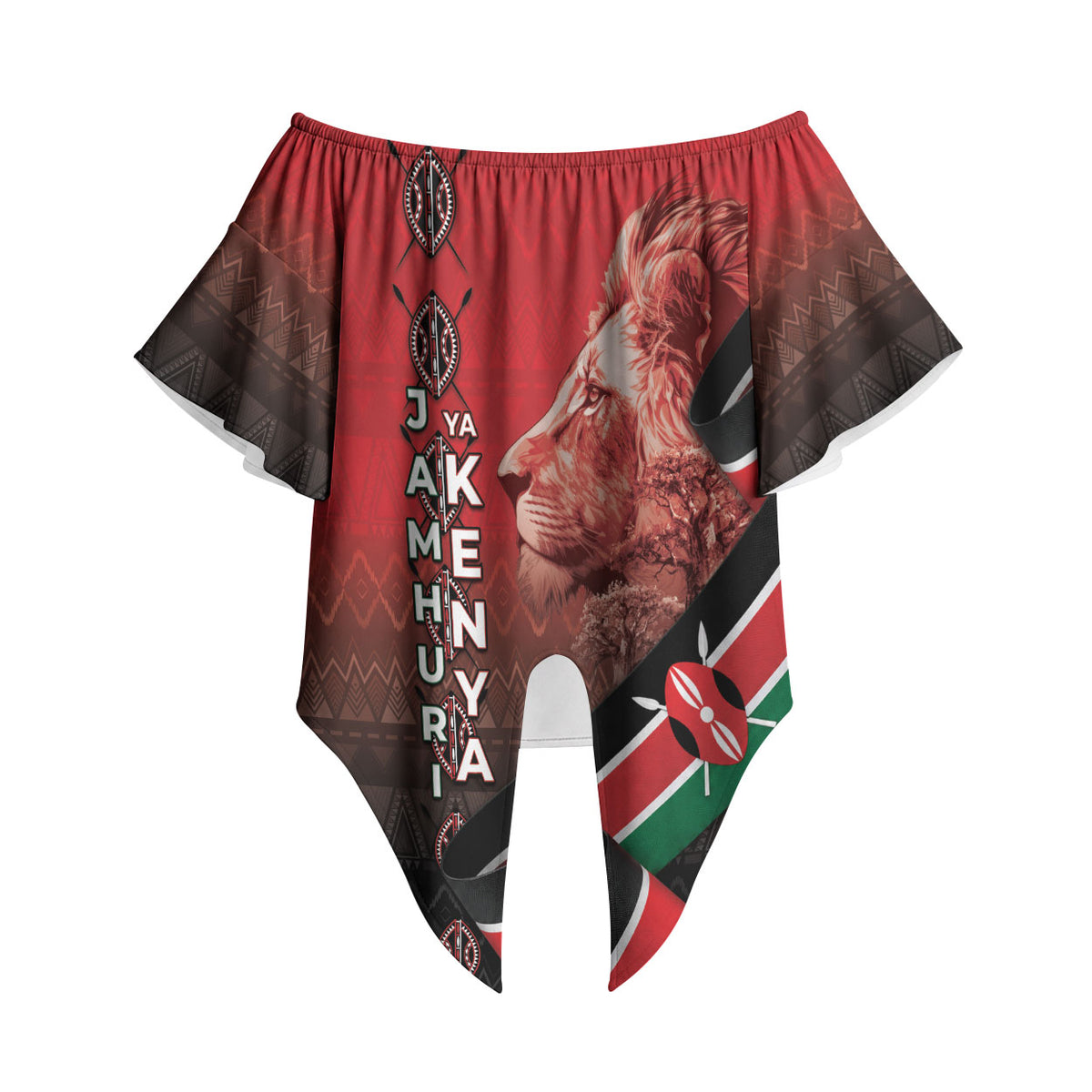 Jamhuri Ya Kenya Off Shoulder Wrap Waist Top Patriotic Lion With Flag