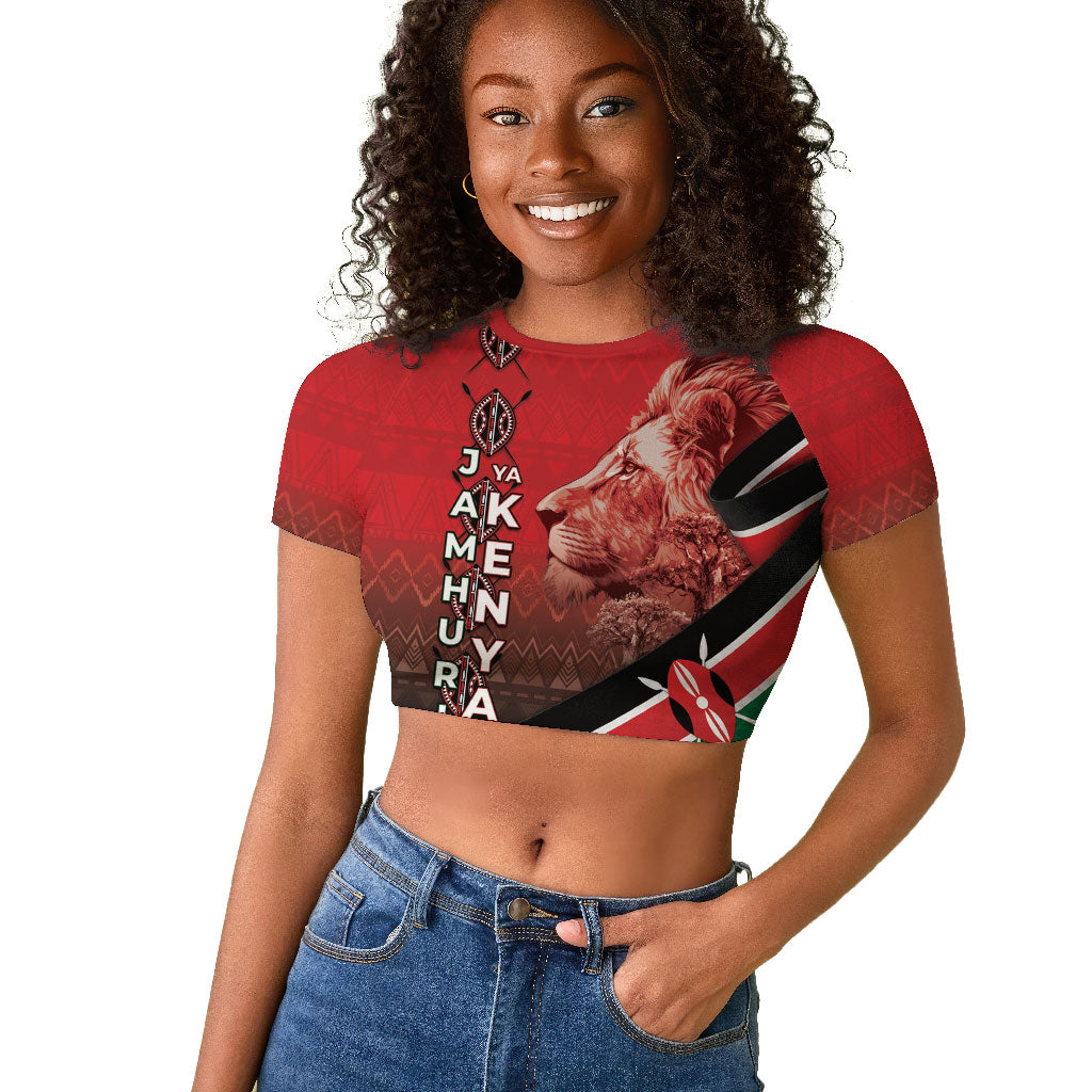 Jamhuri Ya Kenya Raglan Cropped T shirt Patriotic Lion With Flag