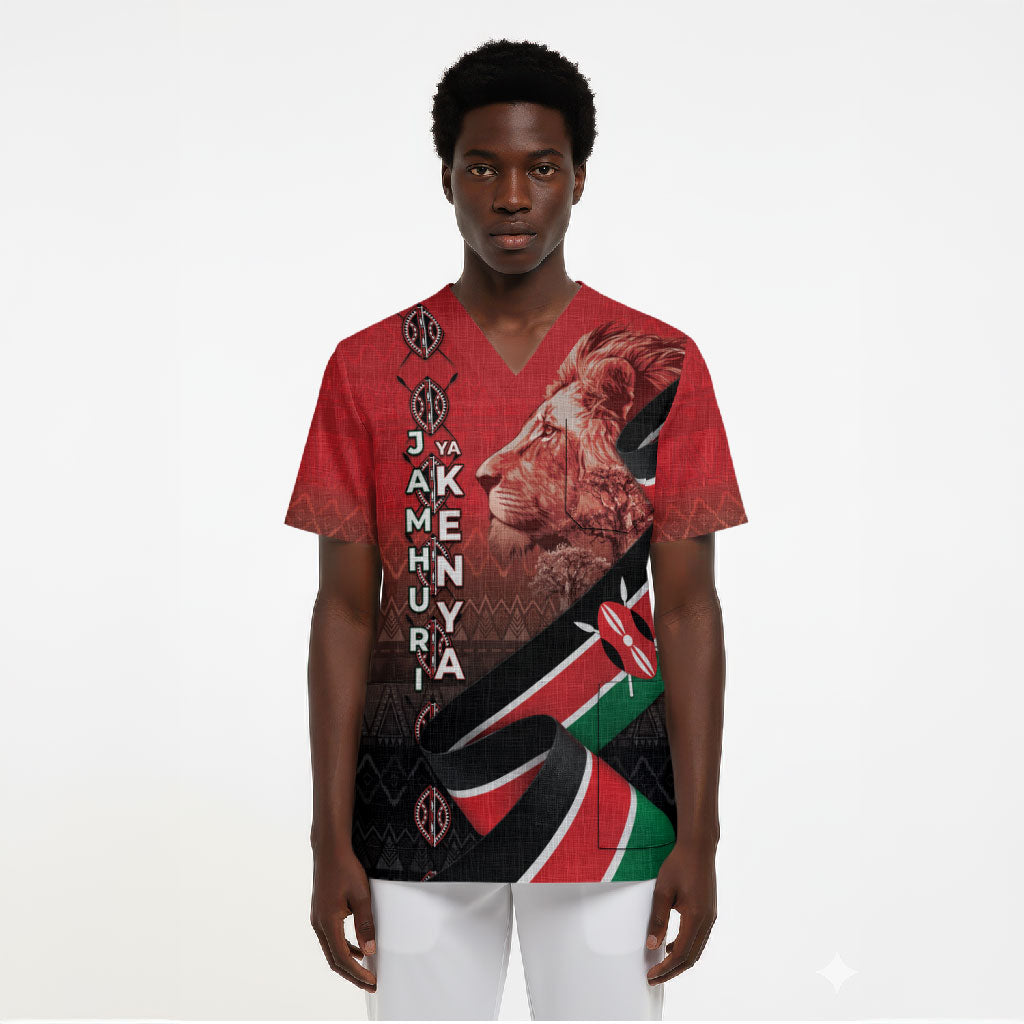 Jamhuri Ya Kenya Scrub Top Patriotic Lion With Flag