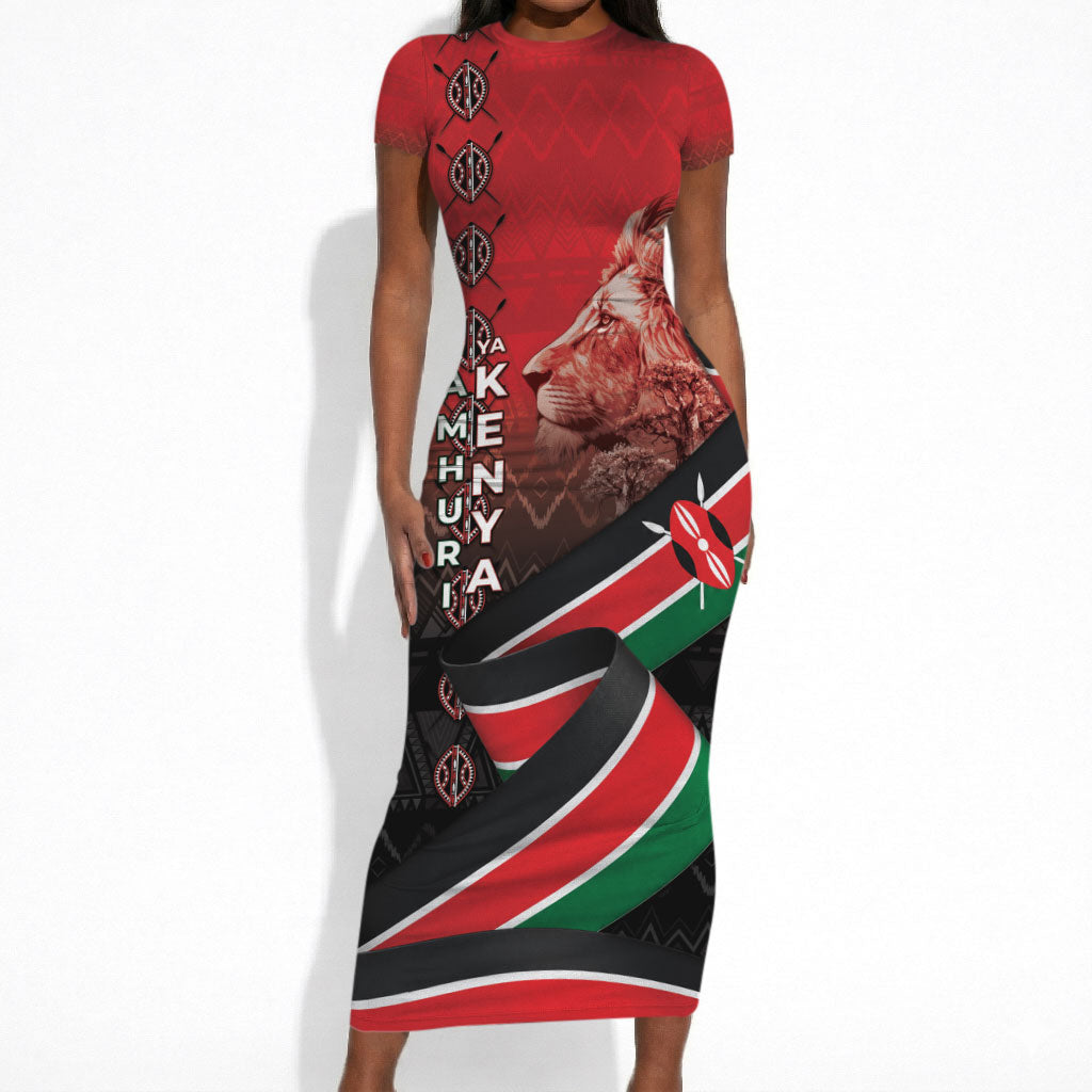 Jamhuri Ya Kenya Short Sleeve Bodycon Dress Patriotic Lion With Flag