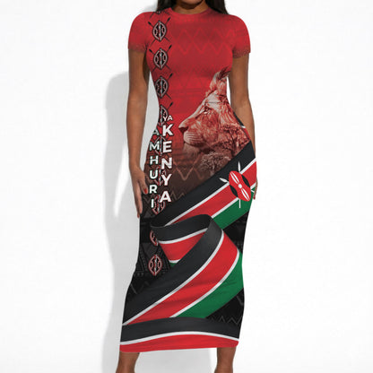 Jamhuri Ya Kenya Short Sleeve Bodycon Dress Patriotic Lion With Flag
