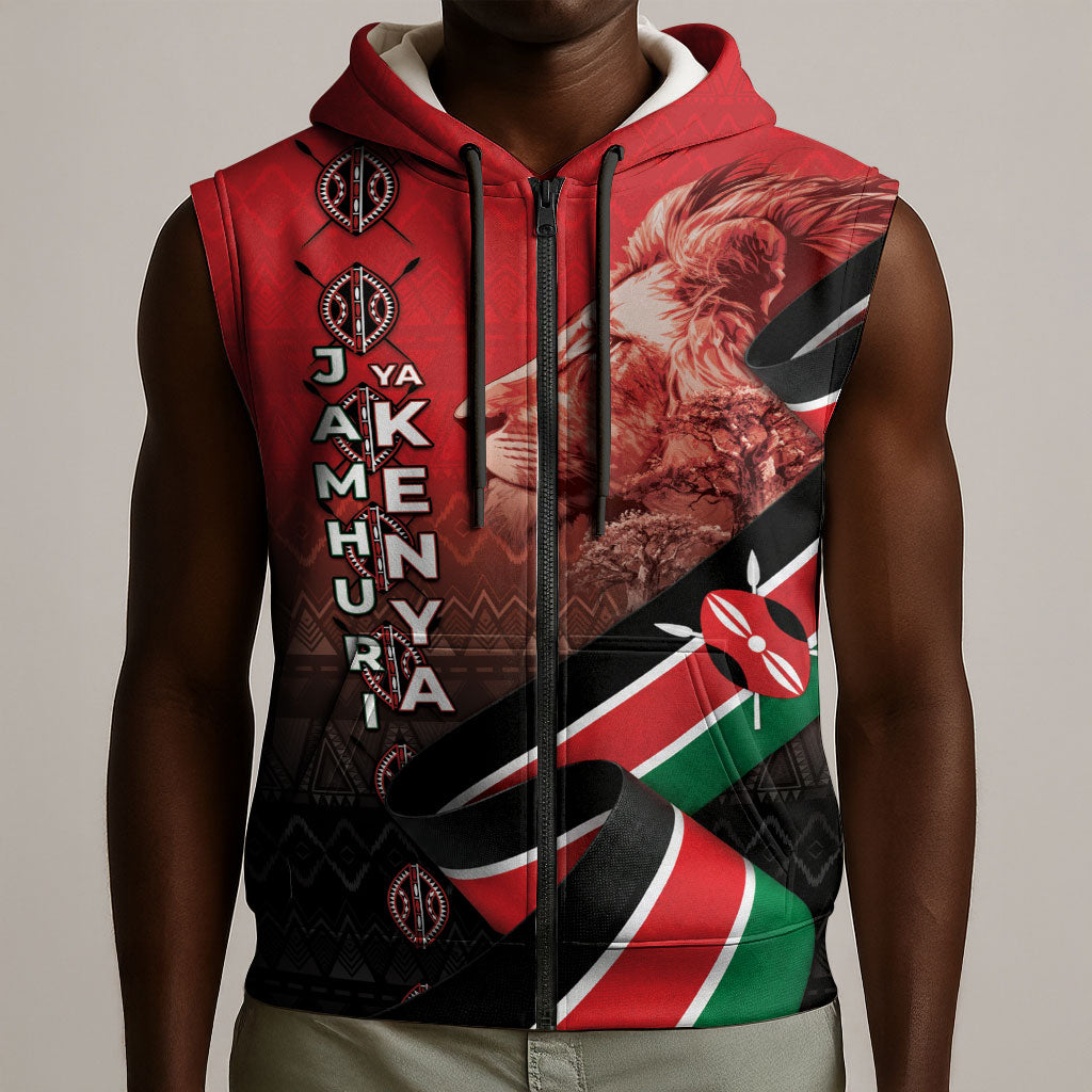 Jamhuri Ya Kenya Sleeveless Zip Hoodie Patriotic Lion With Flag