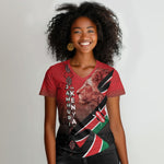 Jamhuri Ya Kenya Women V-Neck T-Shirt Patriotic Lion With Flag