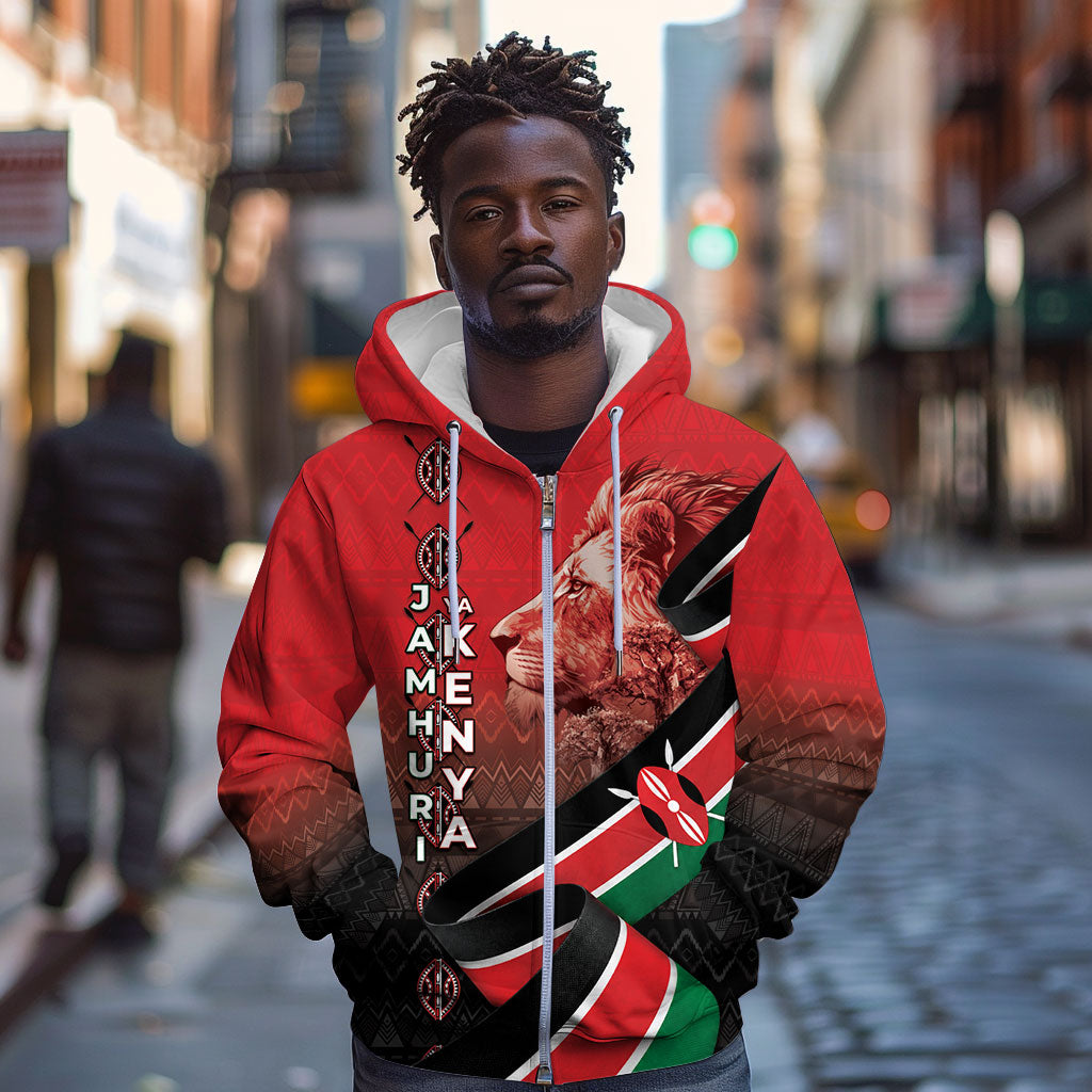 Jamhuri Ya Kenya Zip Hoodie Patriotic Lion With Flag