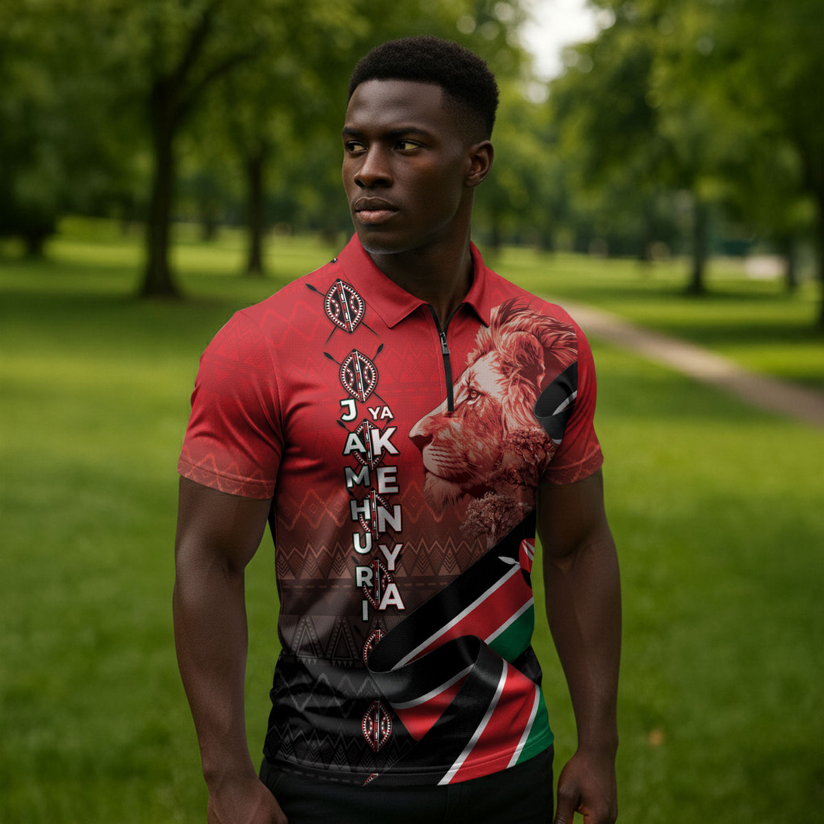 Jamhuri Ya Kenya Zipper Polo Shirt Patriotic Lion With Flag