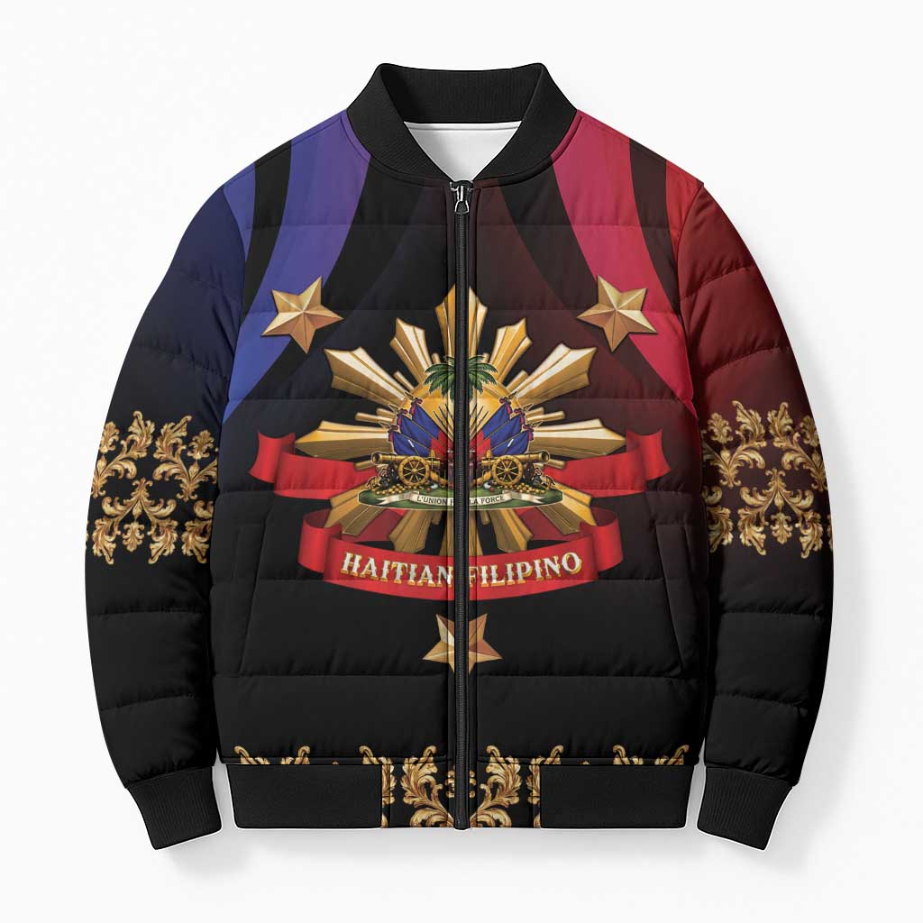 Personalized Haiti And Philippines Bomber Puffer Jacket Haitian Filipino Heritage Crest