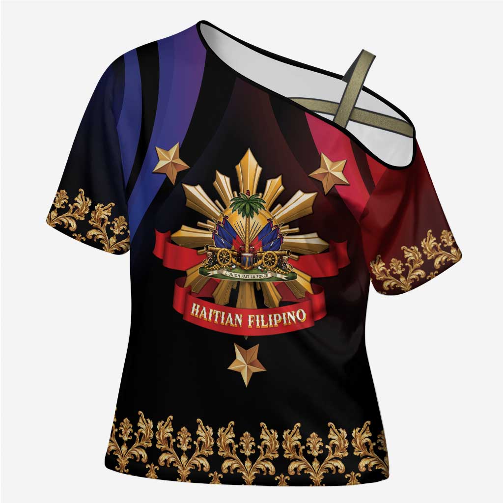 Personalized Haiti And Philippines Cross Shoulder Shirt Haitian Filipino Heritage Crest