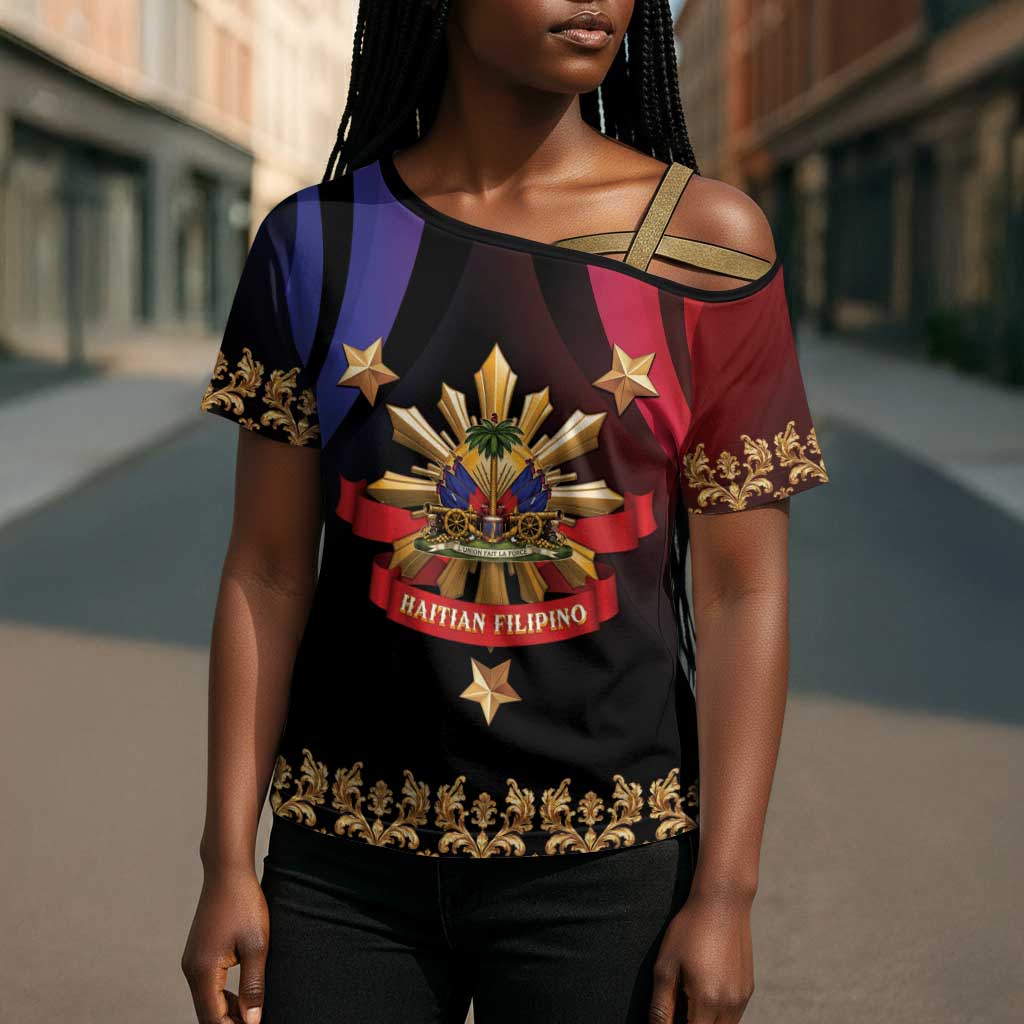 Personalized Haiti And Philippines Cross Shoulder Shirt Haitian Filipino Heritage Crest