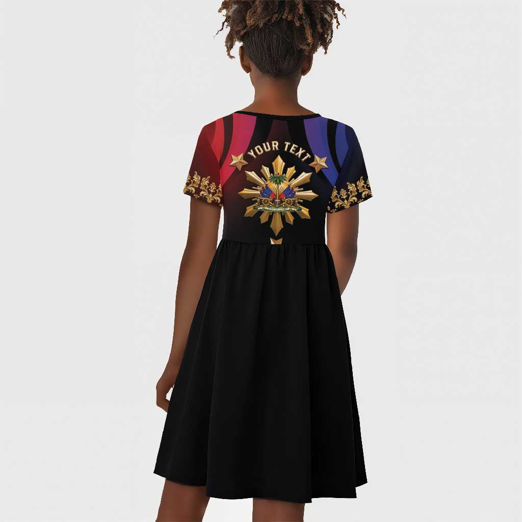 Personalized Haiti And Philippines Kid Short Sleeve Dress Haitian Filipino Heritage Crest