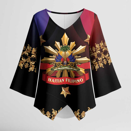 Personalized Haiti And Philippines Kimono Sleeve Blouse Haitian Filipino Heritage Crest