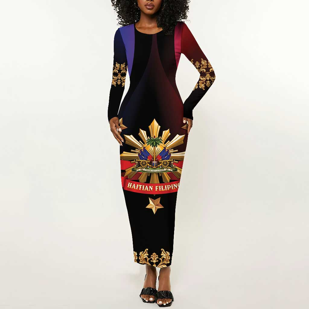 Personalized Haiti And Philippines Long Sleeve Bodycon Dress Haitian Filipino Heritage Crest