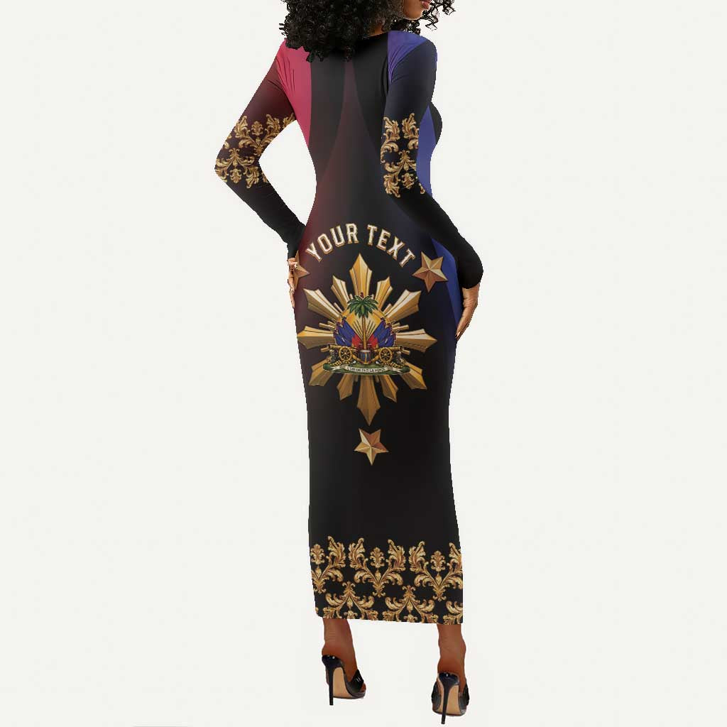 Personalized Haiti And Philippines Long Sleeve Bodycon Dress Haitian Filipino Heritage Crest