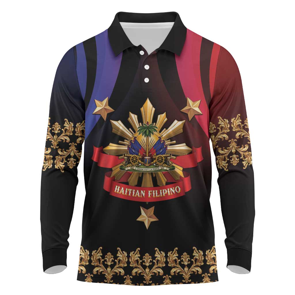 Personalized Haiti And Philippines Long Sleeve Polo Shirt Haitian Filipino Heritage Crest