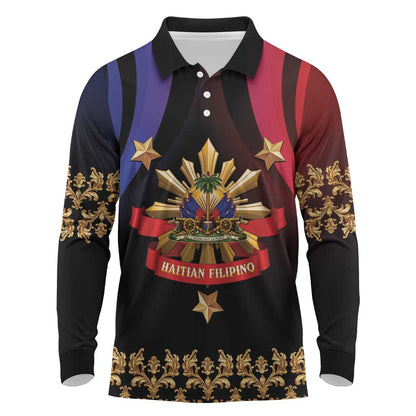 Personalized Haiti And Philippines Long Sleeve Polo Shirt Haitian Filipino Heritage Crest