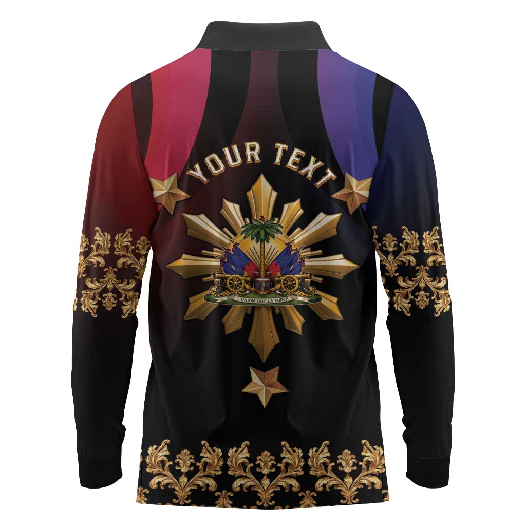 Personalized Haiti And Philippines Long Sleeve Polo Shirt Haitian Filipino Heritage Crest