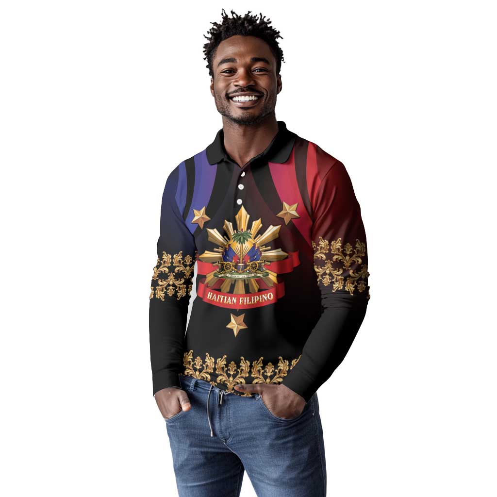 Personalized Haiti And Philippines Long Sleeve Polo Shirt Haitian Filipino Heritage Crest