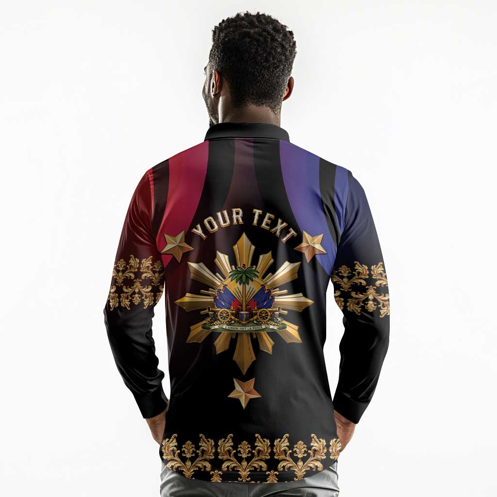 Personalized Haiti And Philippines Long Sleeve Polo Shirt Haitian Filipino Heritage Crest