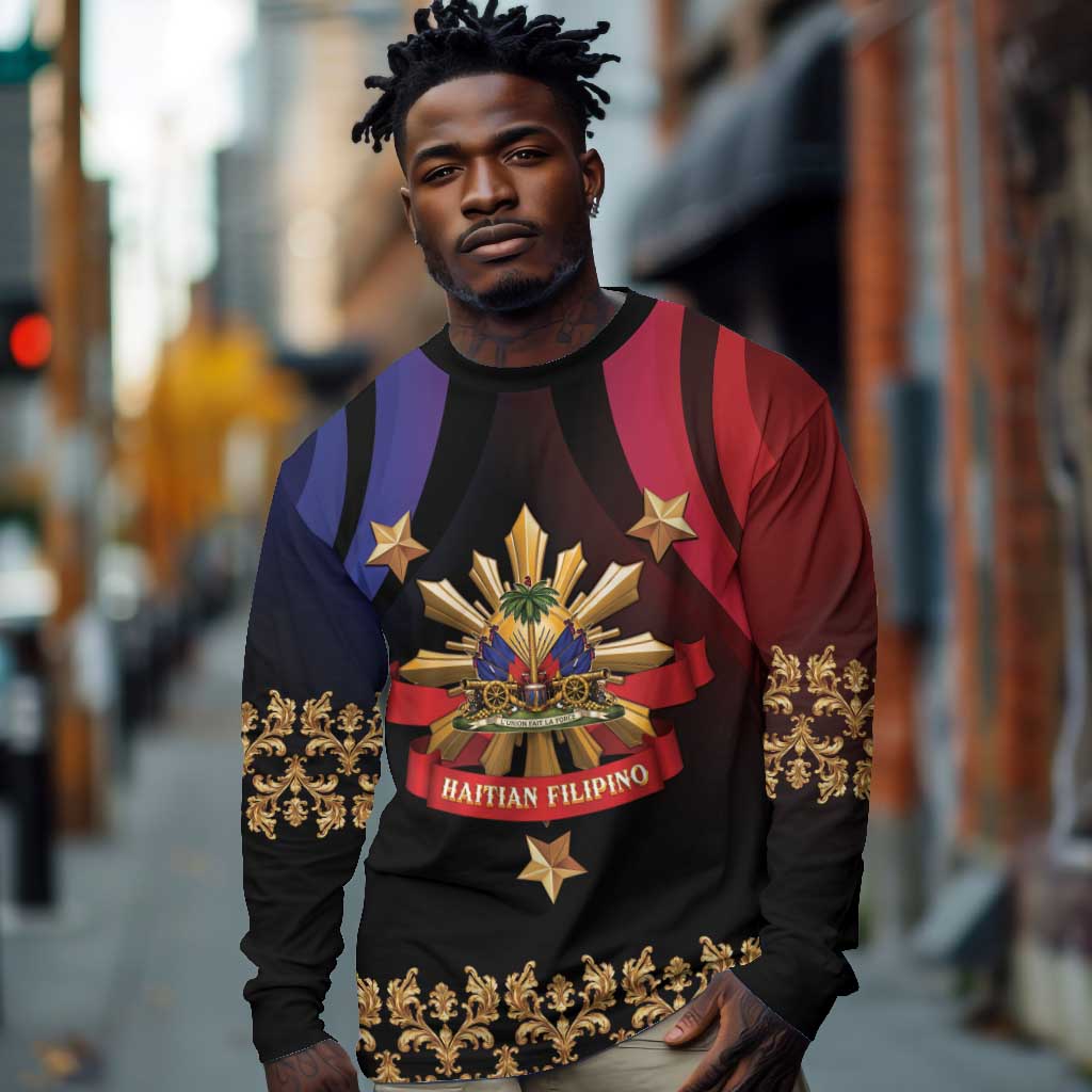 Personalized Haiti And Philippines Long Sleeve Shirt Haitian Filipino Heritage Crest