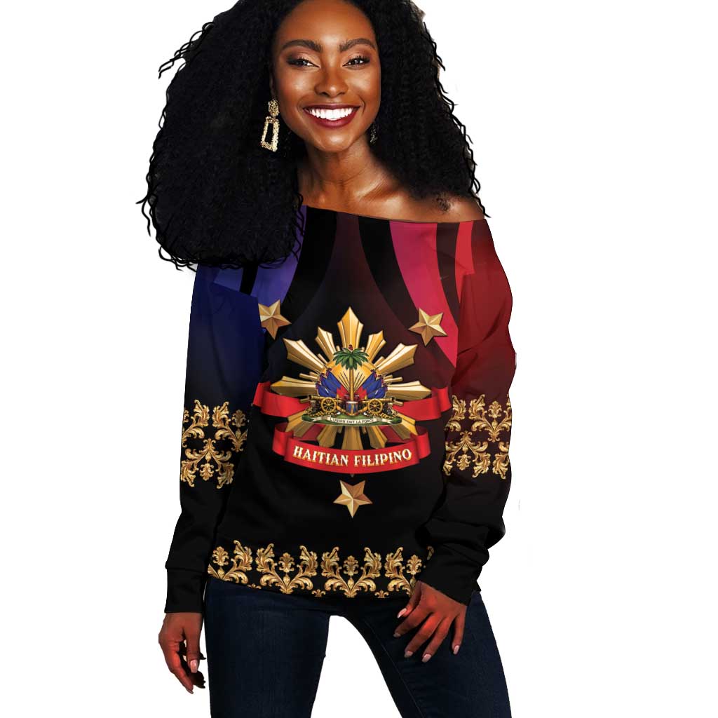Personalized Haiti And Philippines Off Shoulder Sweater Haitian Filipino Heritage Crest