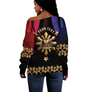 Personalized Haiti And Philippines Off Shoulder Sweater Haitian Filipino Heritage Crest