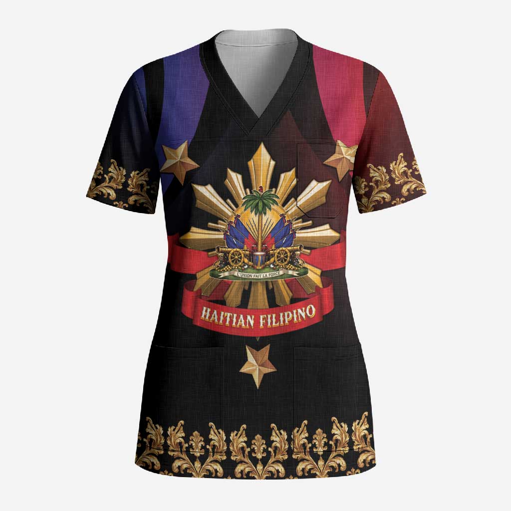Personalized Haiti And Philippines Scrub Top Haitian Filipino Heritage Crest