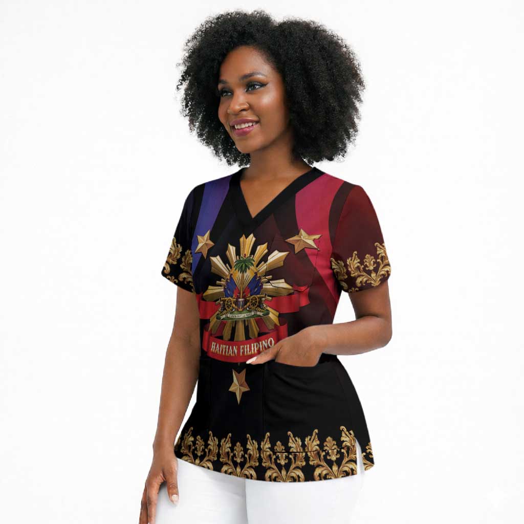 Personalized Haiti And Philippines Scrub Top Haitian Filipino Heritage Crest