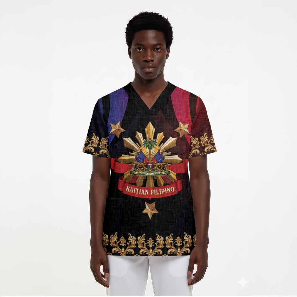 Personalized Haiti And Philippines Scrub Top Haitian Filipino Heritage Crest