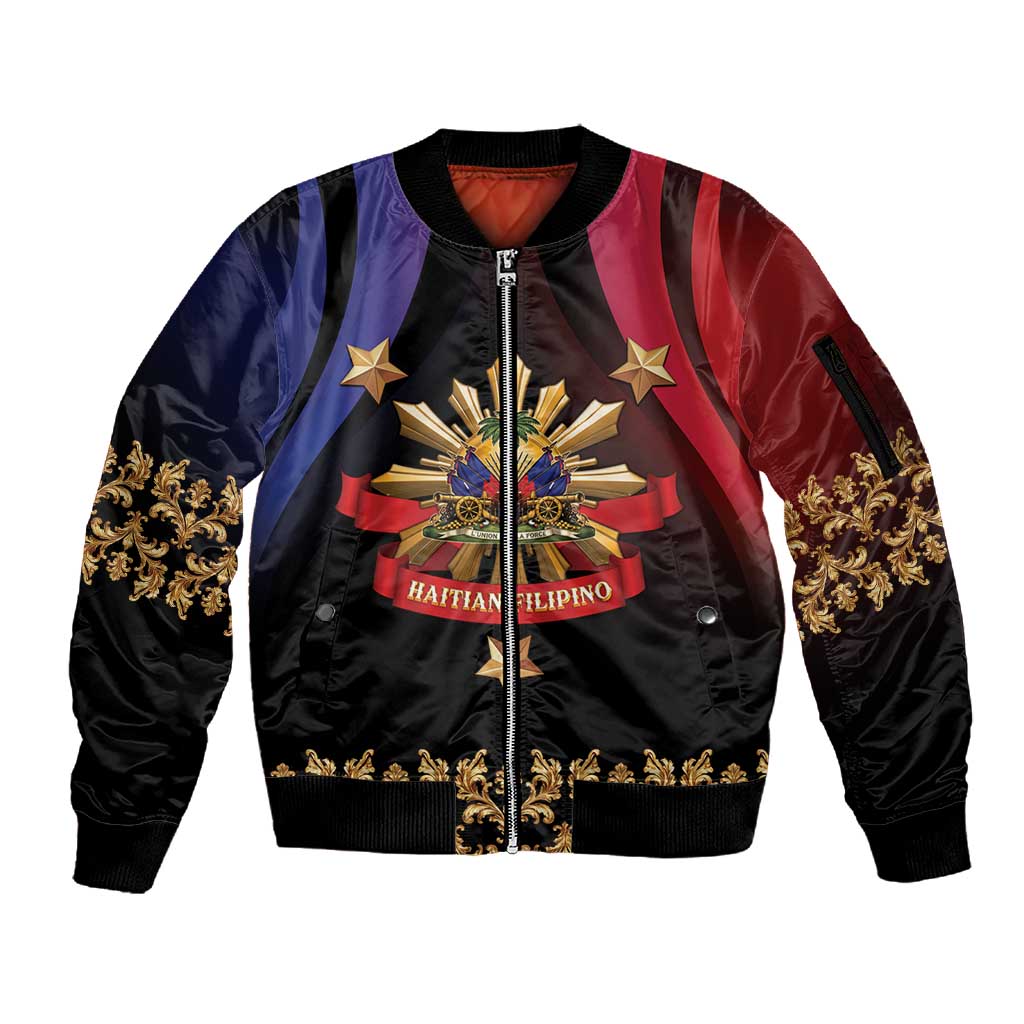 Personalized Haiti And Philippines Sleeve Zip Bomber Jacket Haitian Filipino Heritage Crest