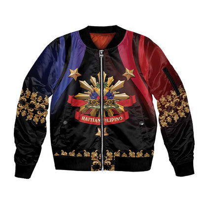 Personalized Haiti And Philippines Sleeve Zip Bomber Jacket Haitian Filipino Heritage Crest