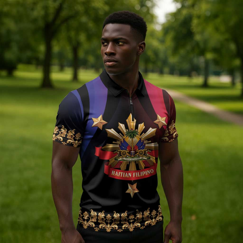 Personalized Haiti And Philippines Zipper Polo Shirt Haitian Filipino Heritage Crest