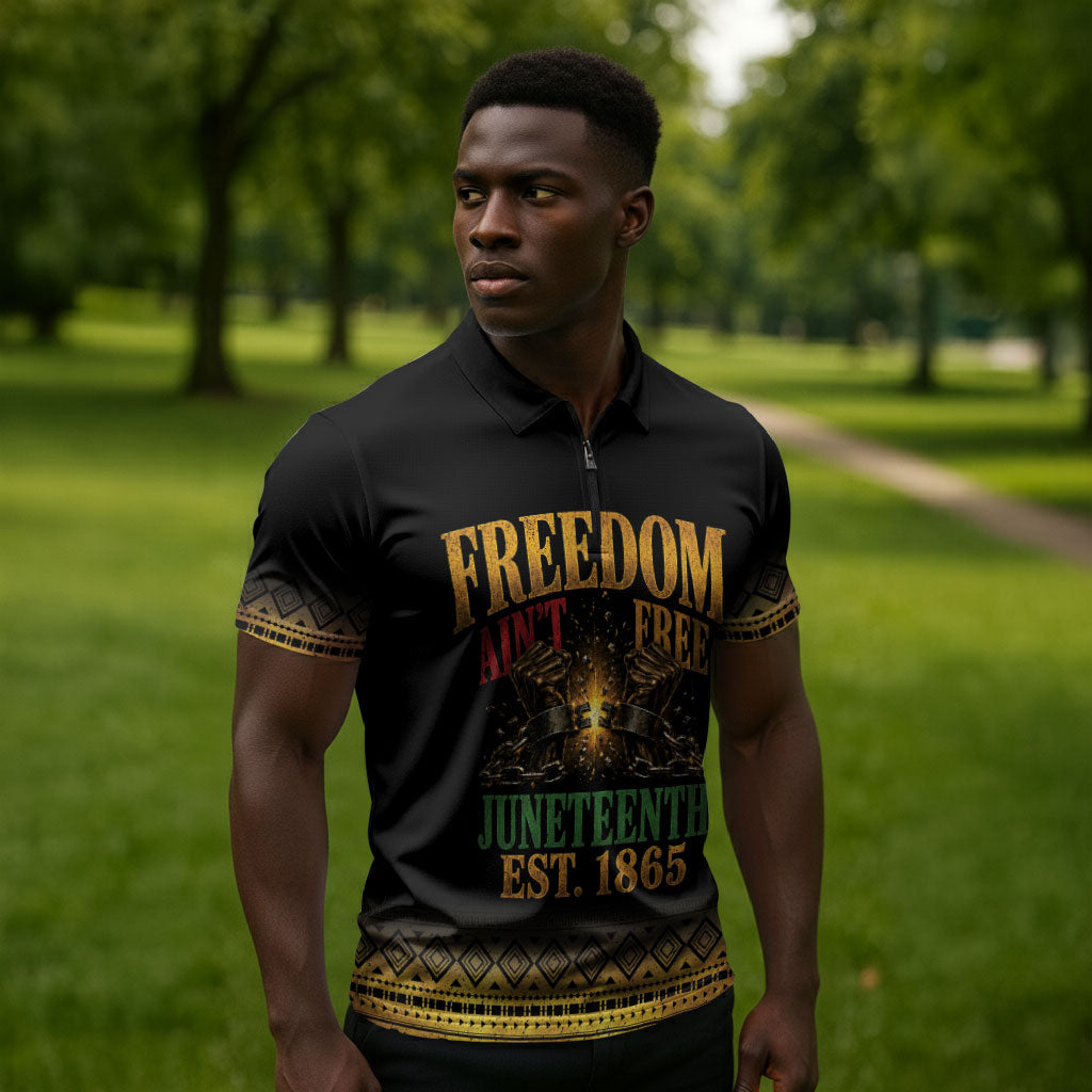 Juneteenth 1865 Zipper Polo Shirt Freedom Ain't Free