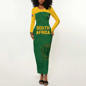 Custom South Africa Cricket Long Sleeve Bodycon Dress Go Champions Protea Pattern