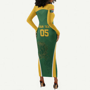 Custom South Africa Cricket Long Sleeve Bodycon Dress Go Champions Protea Pattern