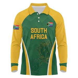 Custom South Africa Cricket Long Sleeve Polo Shirt Go Champions Protea Pattern