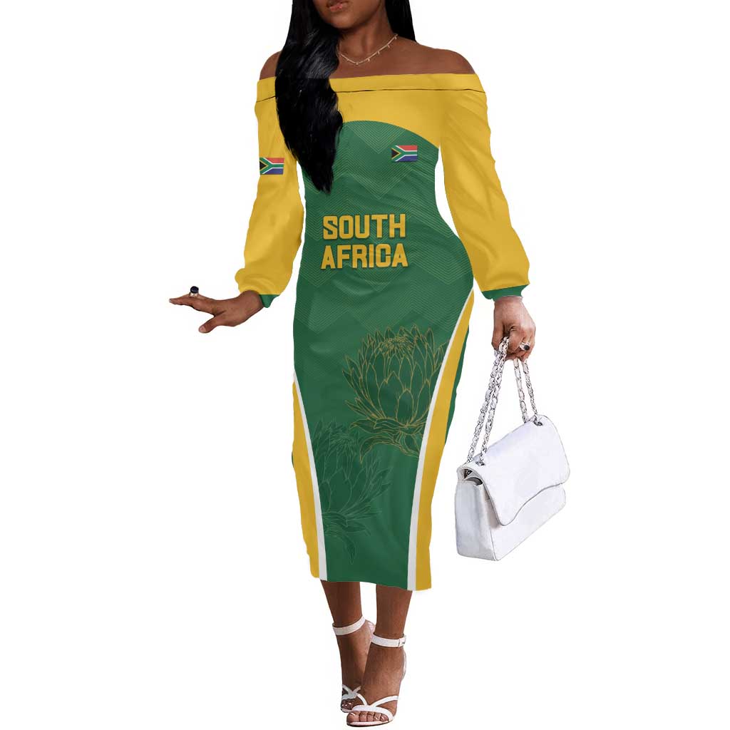 Custom South Africa Cricket Off The Shoulder Long Sleeve Dress Go Champions Protea Pattern