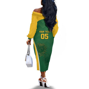 Custom South Africa Cricket Off The Shoulder Long Sleeve Dress Go Champions Protea Pattern