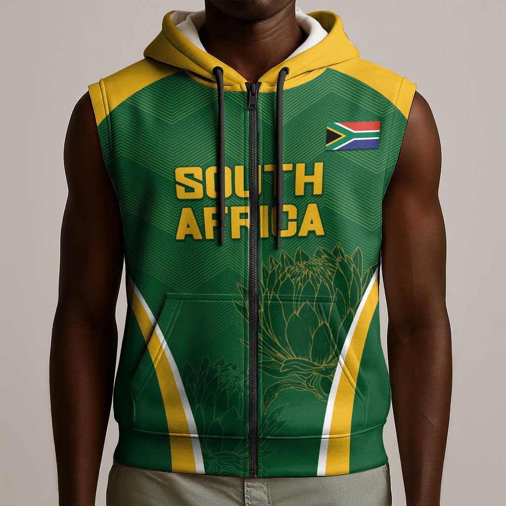 Custom South Africa Cricket Sleeveless Zip Hoodie Go Champions Protea Pattern - African Pride