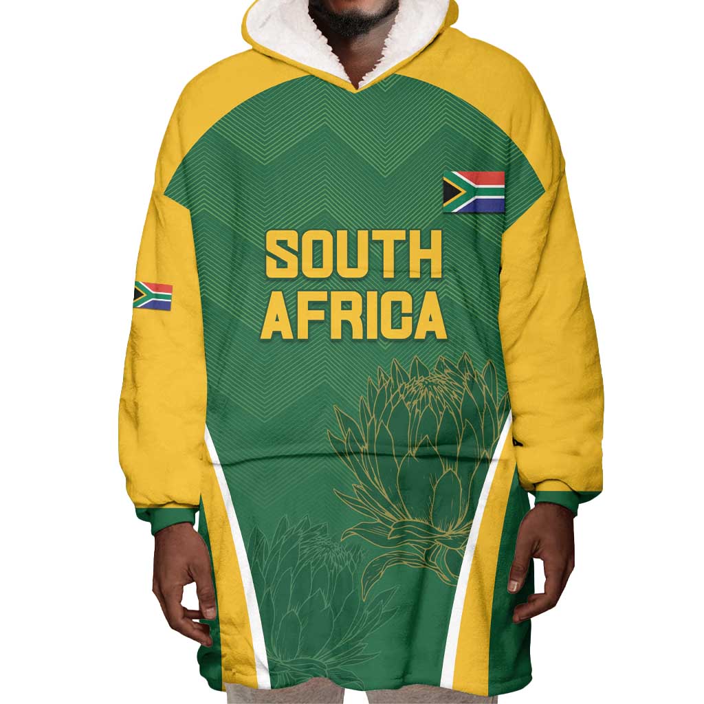 Custom South Africa Cricket Wearable Blanket Hoodie Go Champions Protea Pattern