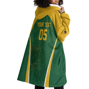 Custom South Africa Cricket Wearable Blanket Hoodie Go Champions Protea Pattern