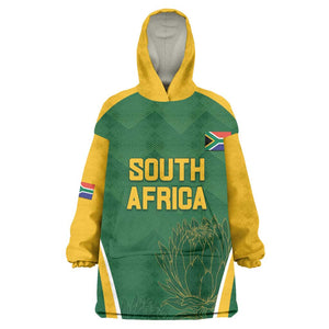 Custom South Africa Cricket Wearable Blanket Hoodie Go Champions Protea Pattern