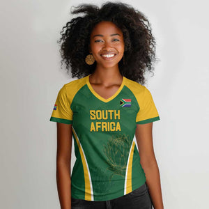 Custom South Africa Cricket Women V-Neck T-Shirt Go Champions Protea Pattern