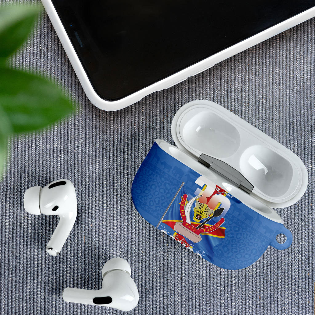 DR Congo Independence Day AirPods Case Leopard Pattern With Coat Of Arms