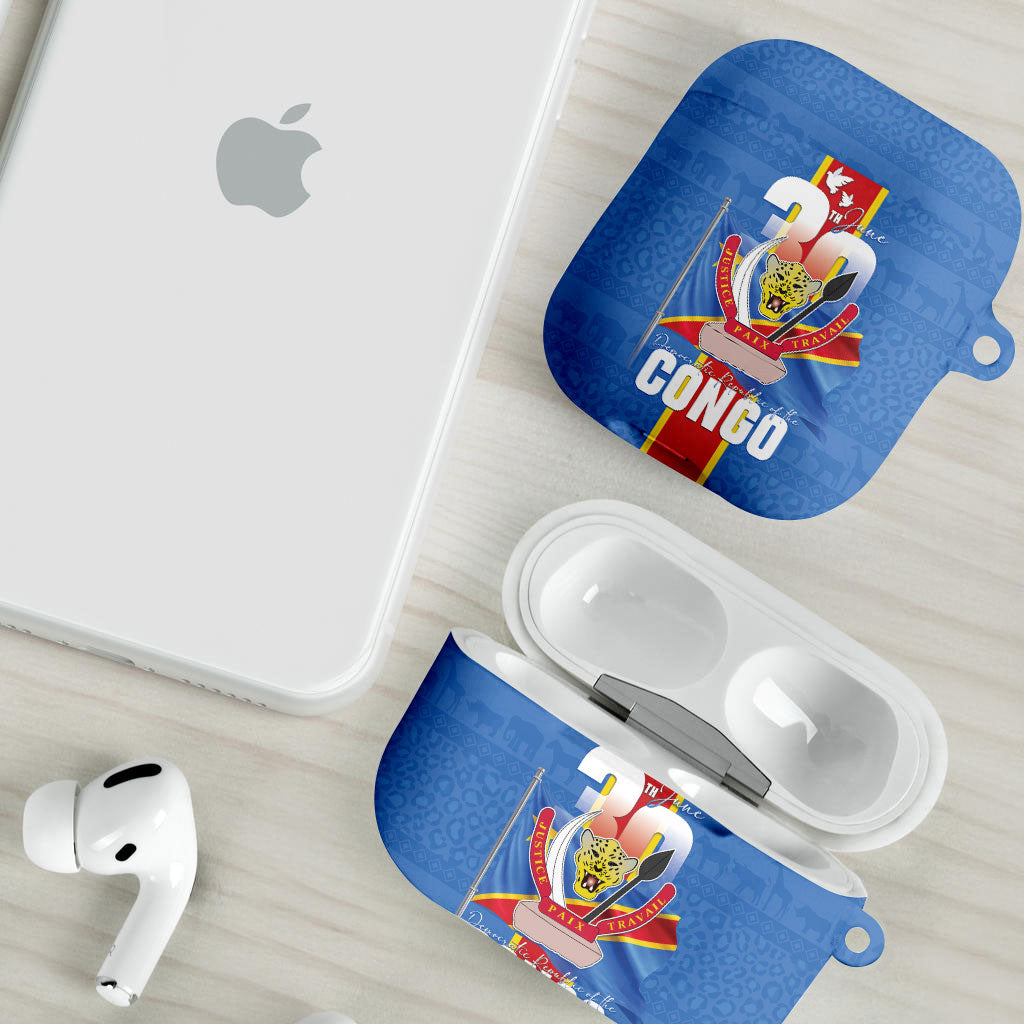 DR Congo Independence Day AirPods Case Leopard Pattern With Coat Of Arms