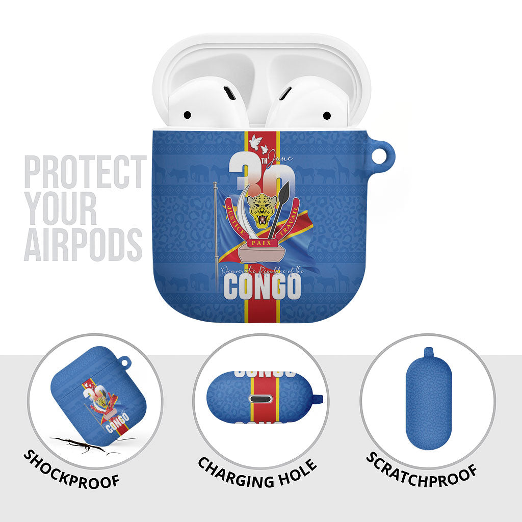 DR Congo Independence Day AirPods Case Leopard Pattern With Coat Of Arms