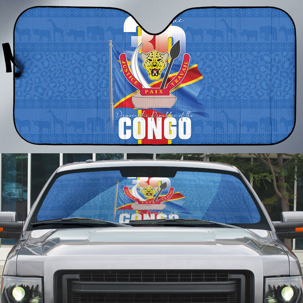 DR Congo Independence Day Auto Sun Shade Leopard Pattern With Coat Of Arms
