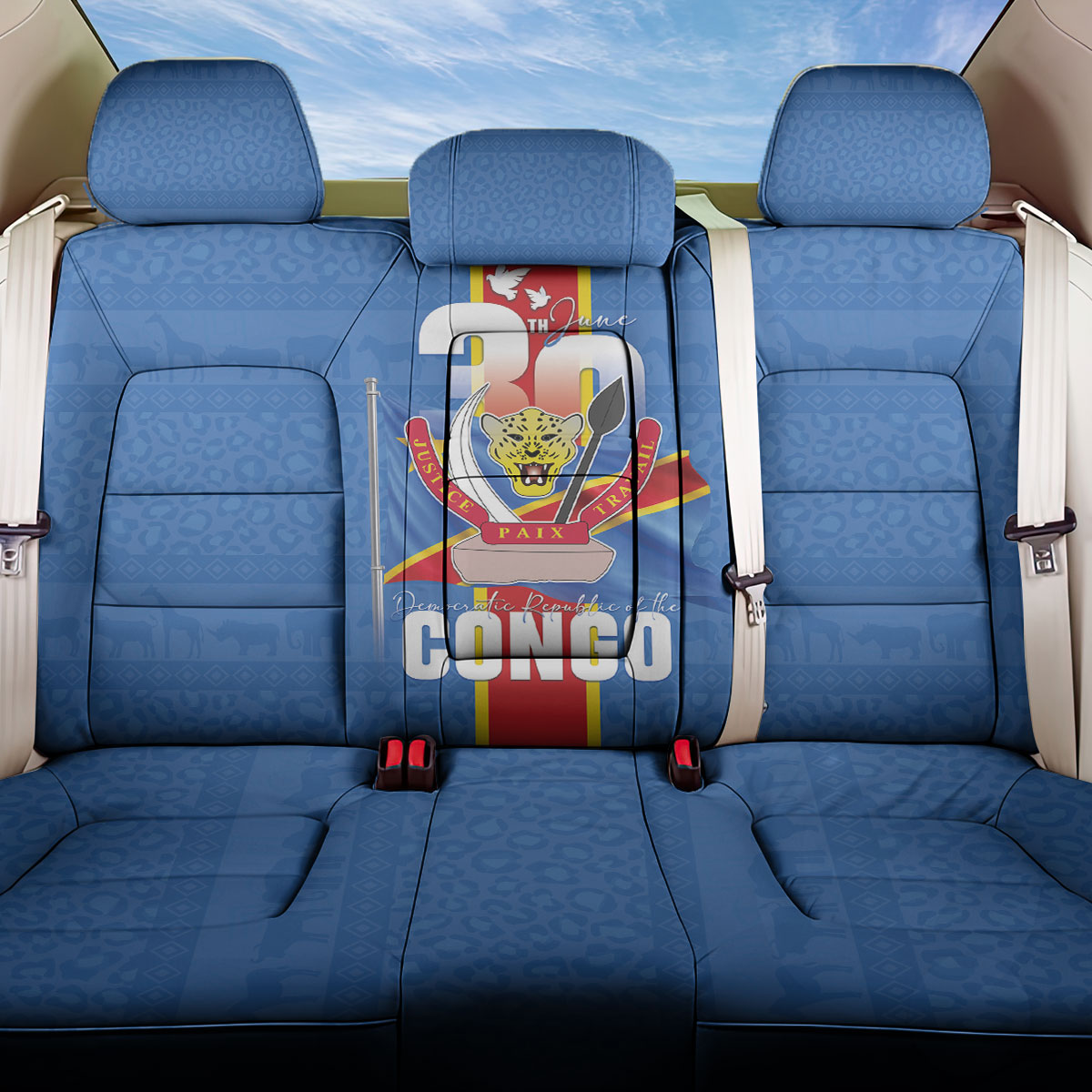 DR Congo Independence Day Back Car Seat Cover Leopard Pattern With Coat Of Arms